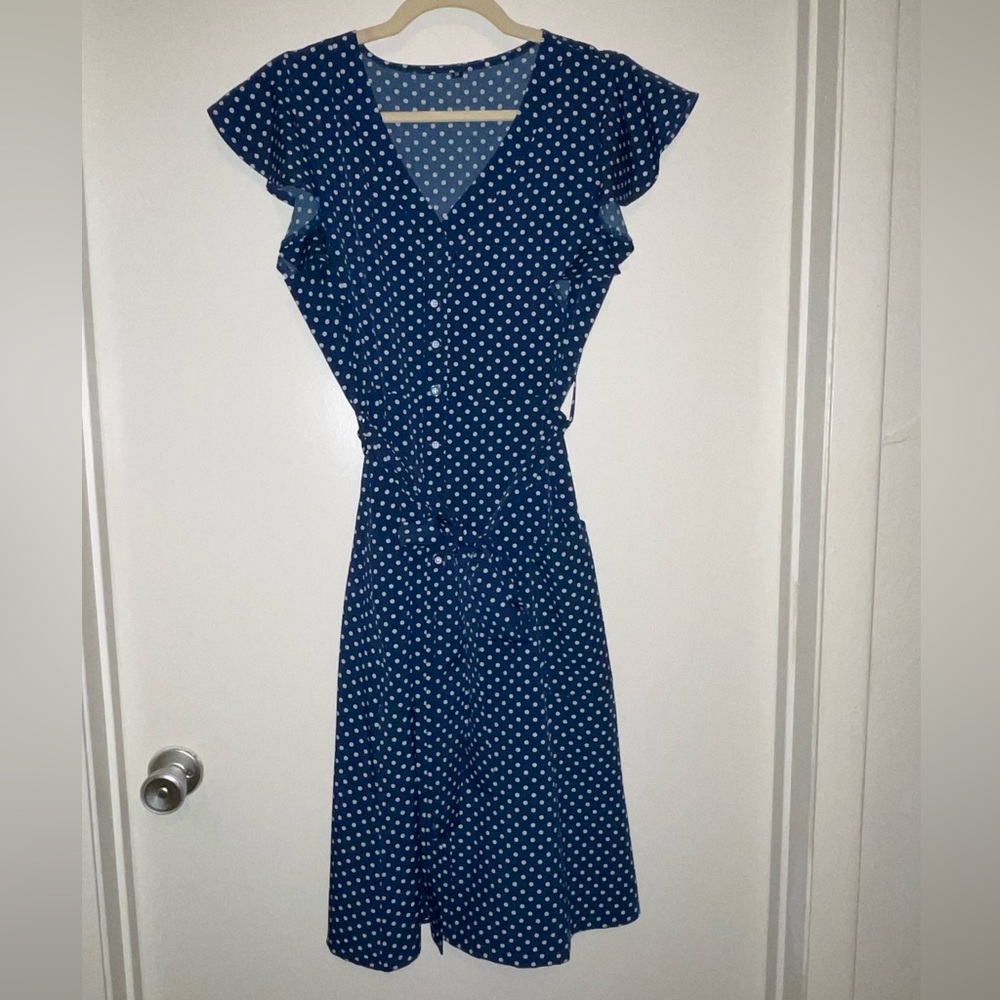 Teal dress- medium- real button closure with pockets.